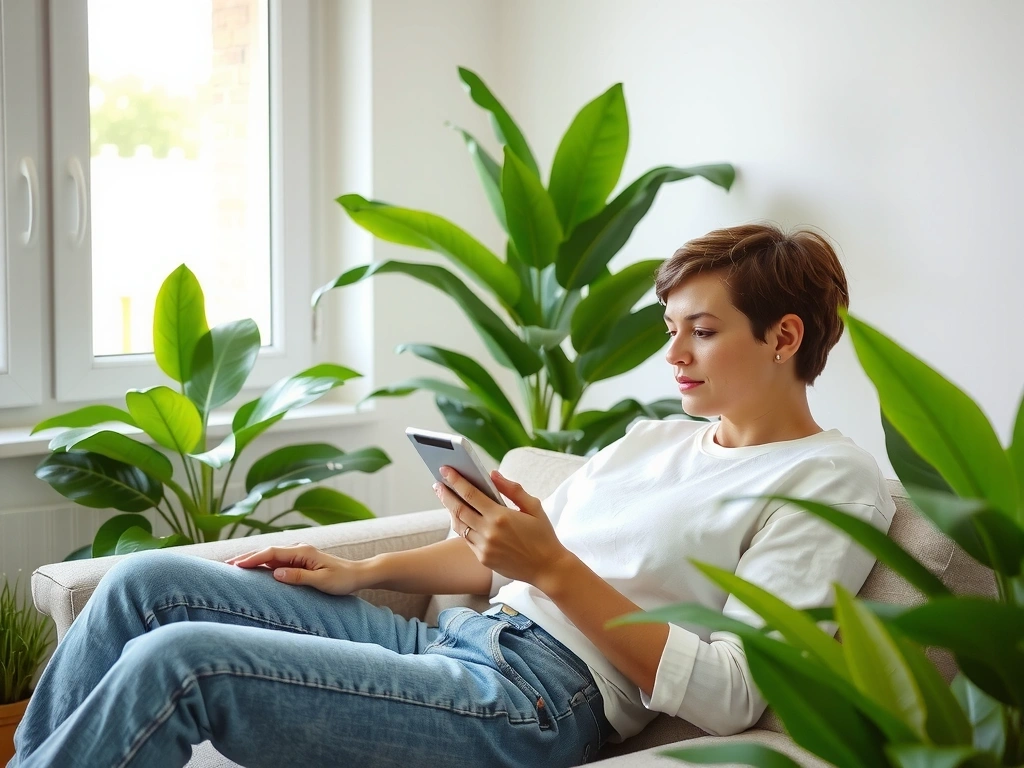 Osoba czytająca bloga na tablecie, otoczona roślinami i naturalnym światłem, symbolizująca relaks i zdobywanie wiedzy.