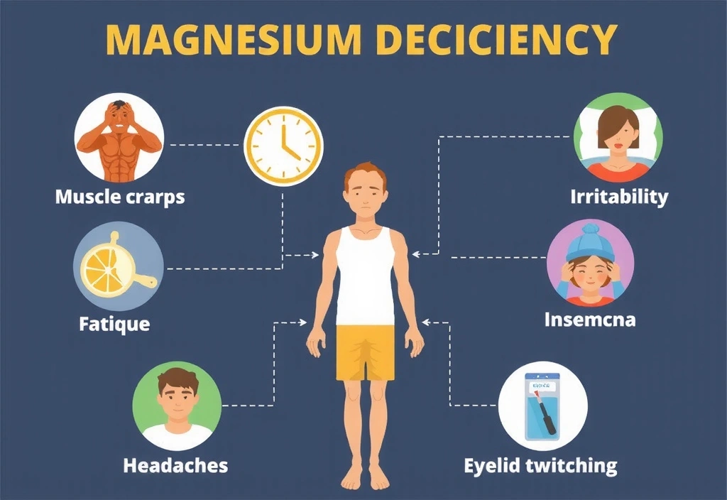 Grafika przedstawiająca różne objawy niedoboru magnezu, takie jak skurcze mięśni, zmęczenie i problemy ze snem, w sposób symboliczny i czytelny.