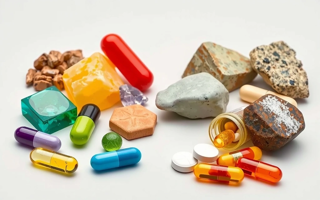 Różnorodne minerały i suplementy symbolizujące zdrowie.