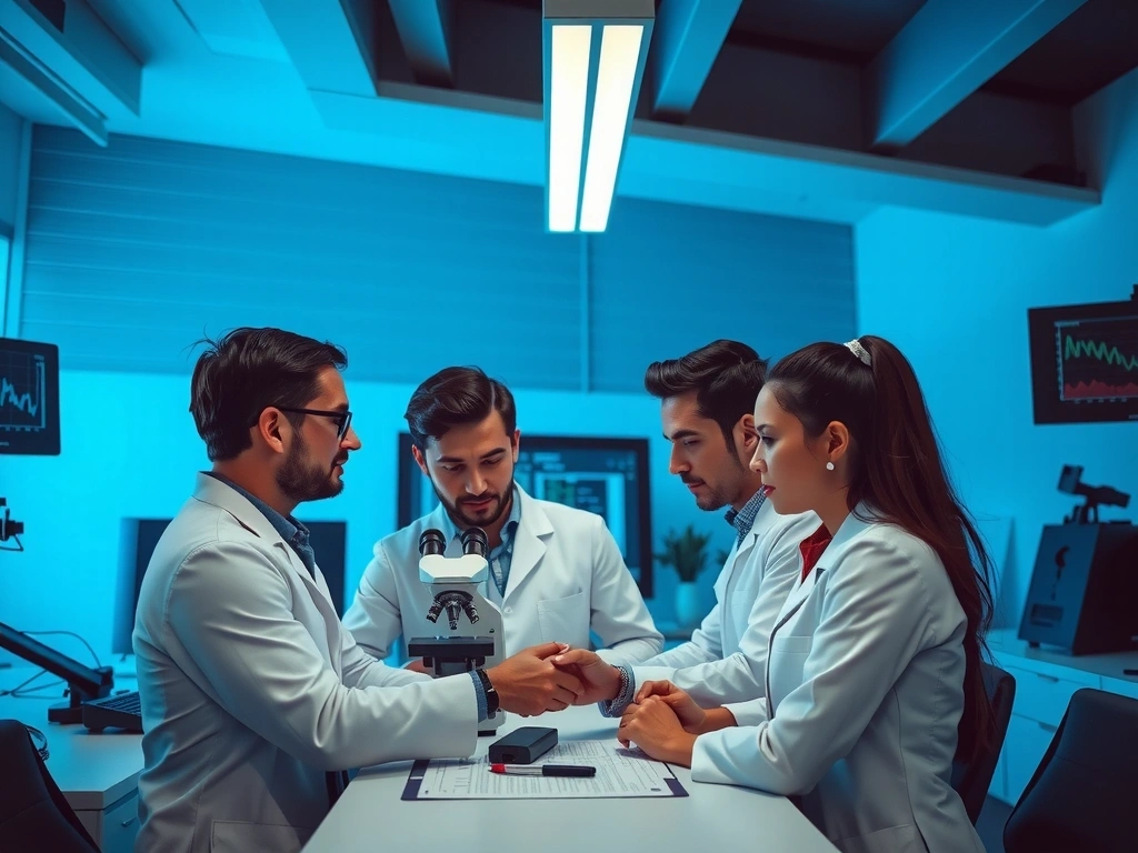 Zespół ekspertów analizujących dane naukowe w nowoczesnym laboratorium