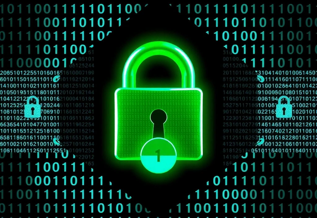 Ilustracja przedstawiająca kłódkę i klucz na tle kodu binarnego, symbolizująca bezpieczeństwo cyfrowe.