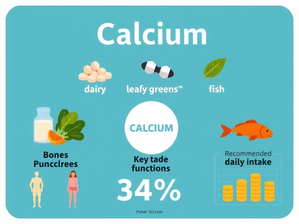 Infografika przedstawiająca najważniejsze fakty o wapniu: źródła, funkcje i zalecane spożycie w formie wizualnej, bez tekstu.