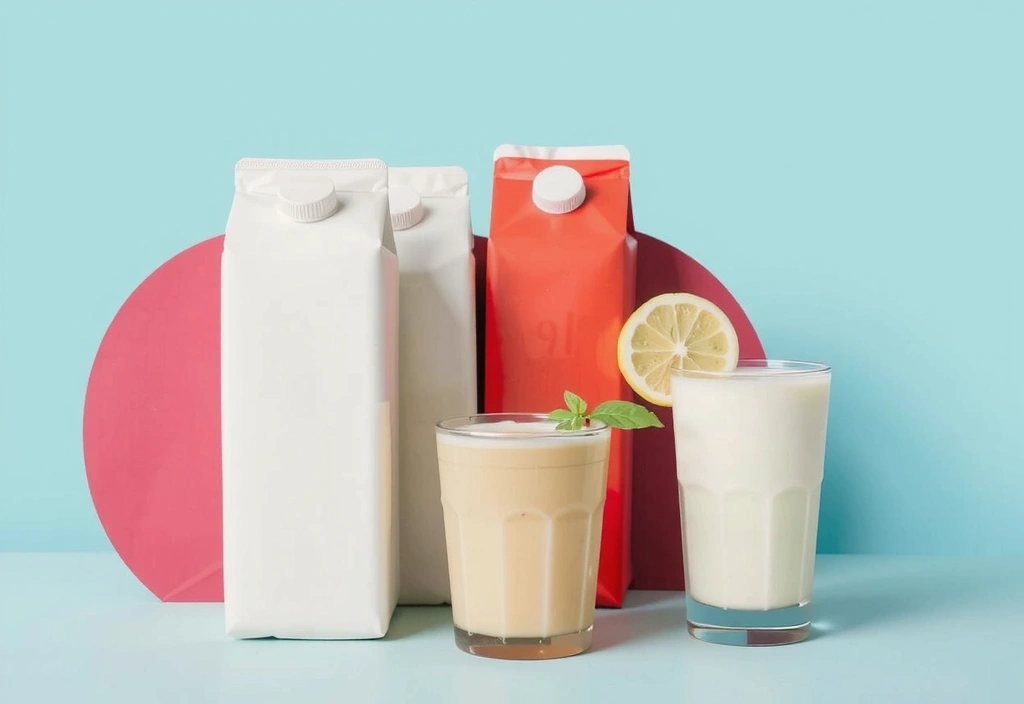 Różne rodzaje napojów roślinnych w kartonach i szklankach