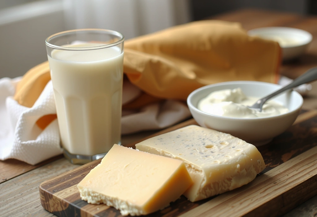 Świeże mleko w szklance, jogurt i kawałek sera