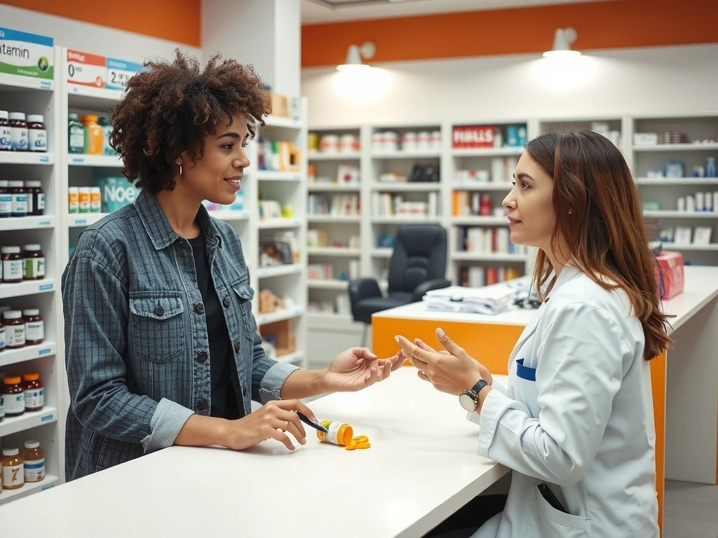 Kobieta rozmawiająca z farmaceutą w aptece