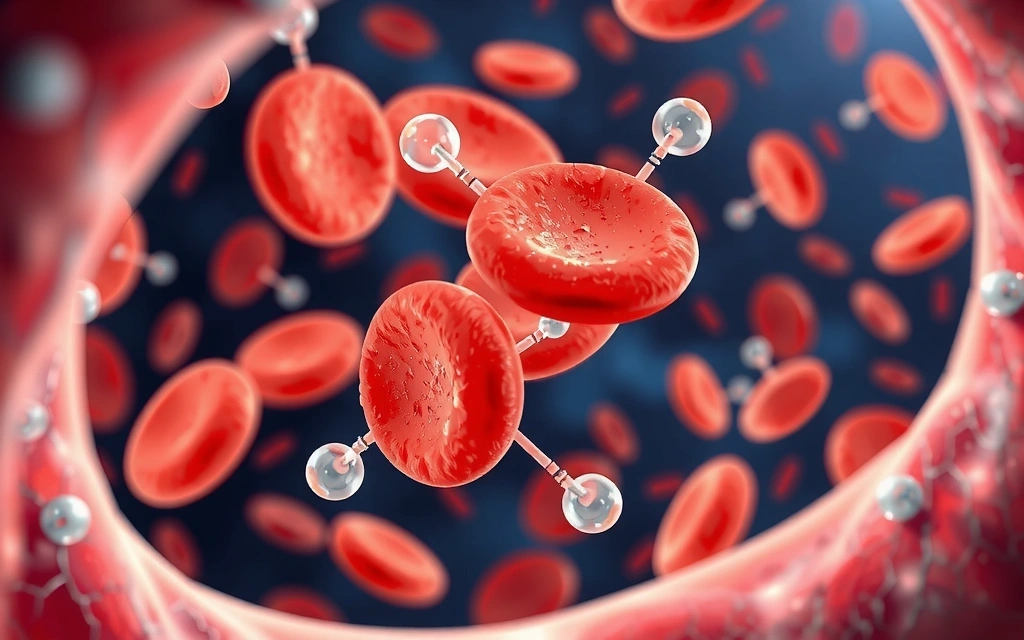 Czerwone krwinki transportujące tlen w naczyniu krwionośnym, symbolizujące energię i witalność.