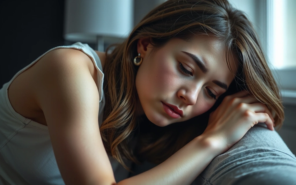 Kobieta z uczuciem zmęczenia, opierająca głowę na ręce, symbolizująca objawy anemii z niedoboru żelaza.