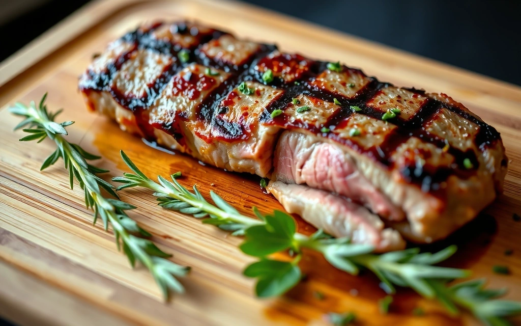 Soczysty stek wołowy z ziołami na desce do krojenia, symbolizujący bogate źródło żelaza heme.