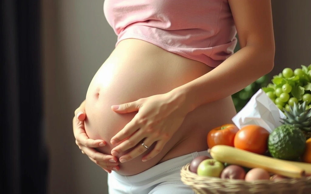 Szczęśliwa kobieta w ciąży, delikatnie trzymająca się za brzuch, w otoczeniu zdrowej żywności.