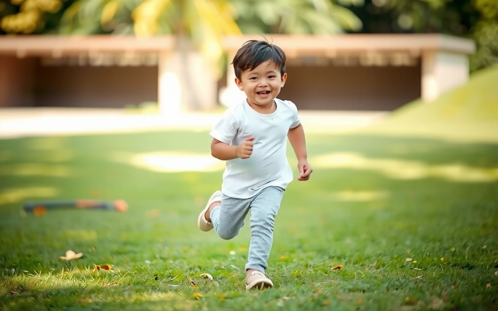 Uśmiechnięte dziecko aktywnie bawiące się na świeżym powietrzu, symbolizujące zdrowy rozwój.